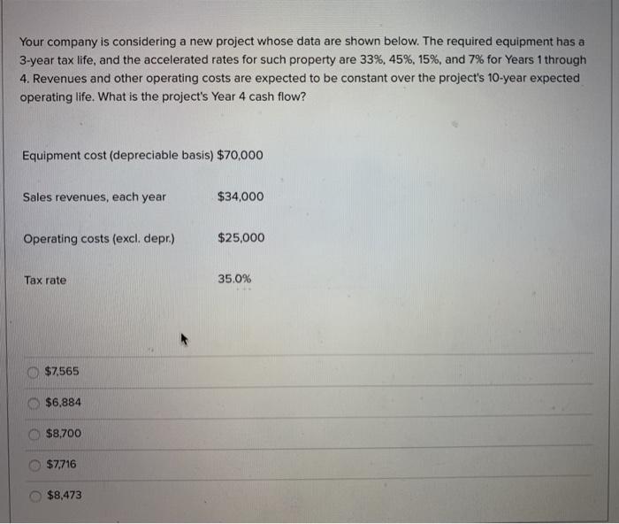  Your company is considering a new project whose data are shown