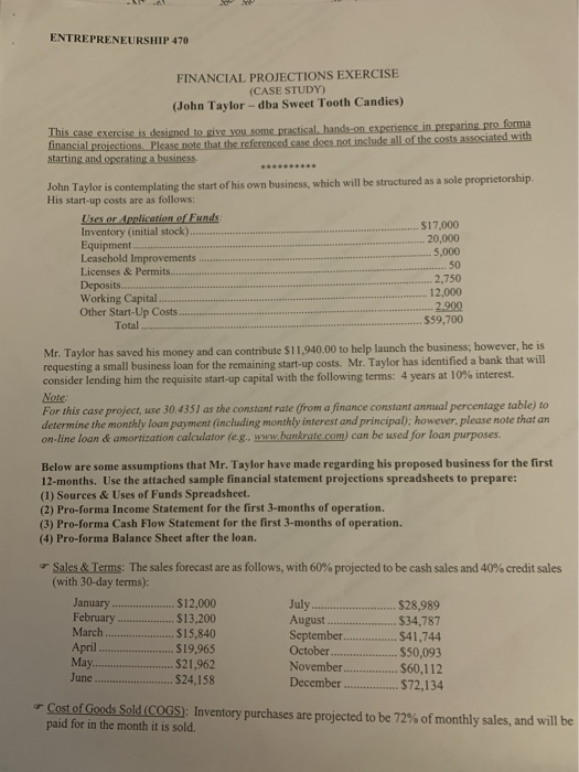  ENTREPRENEURSHIP 470 FINANCIAL PROJECTIONS EXERCISE (CASE STUDY) (John Taylor - dba