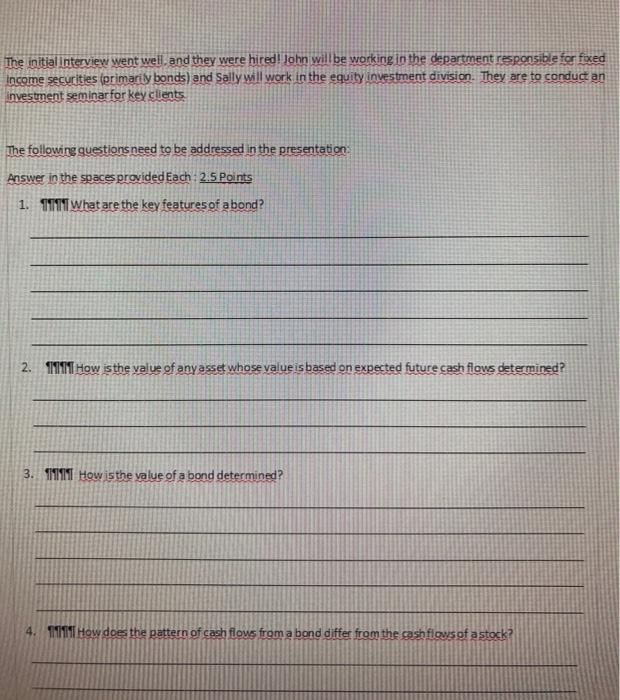 of money concepts, bonds, and stocks to the company's clients. Part 1