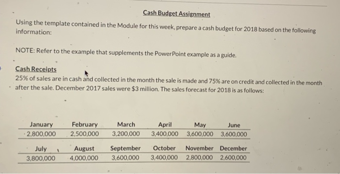  Cash Budget Assignment Using the template contained in the Module for