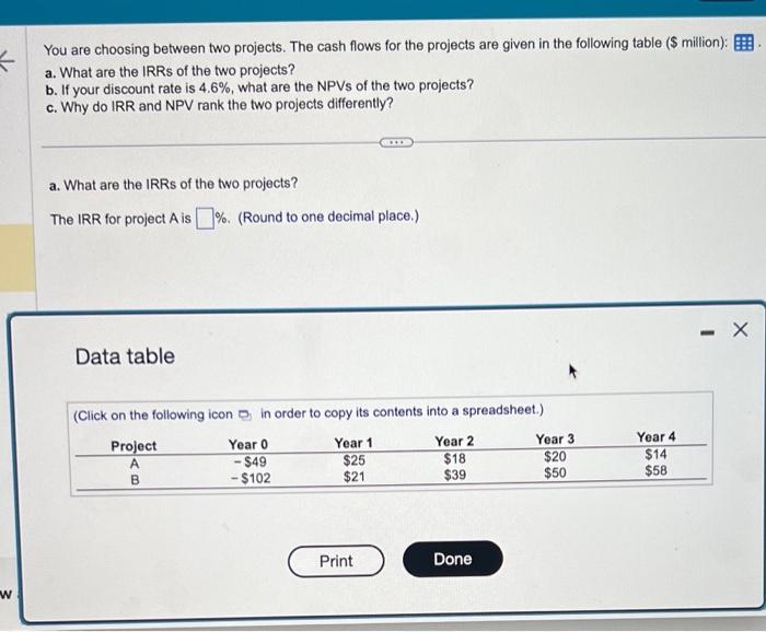  You are choosing between two projects. The cash flows for the