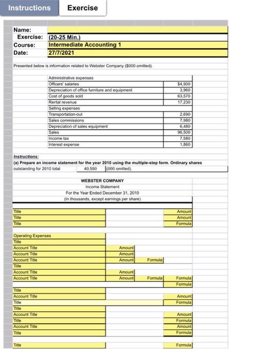 I need a solution quikly ! Instructions Exercise Name: Exercise: (20-25 Min.)