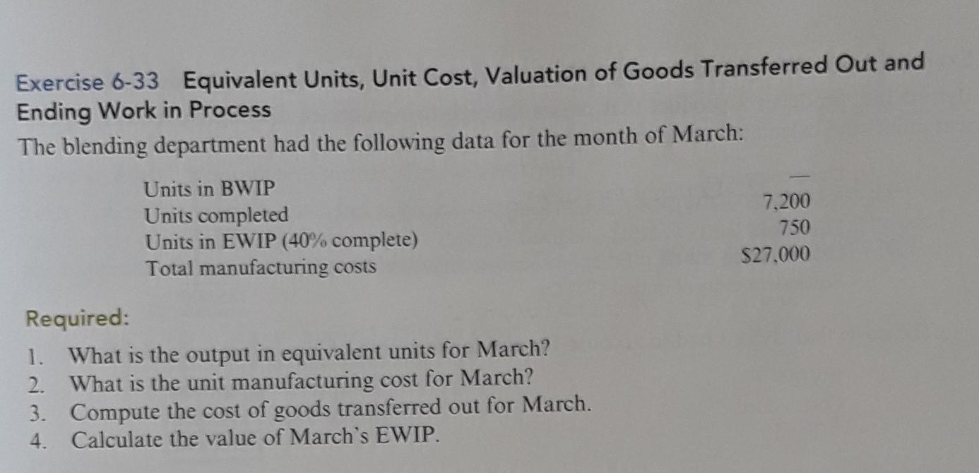 Enter the correct amount in the spaces. Exercise 6-33 Equivalent Units,