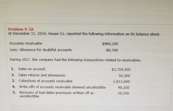 Problem 9-1A At December 31, 2016, House Co. reported the following