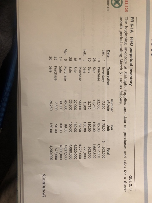  6-2A PR 6-1A FIFO perpetual inventory Obj. 2, 3 83,125 The