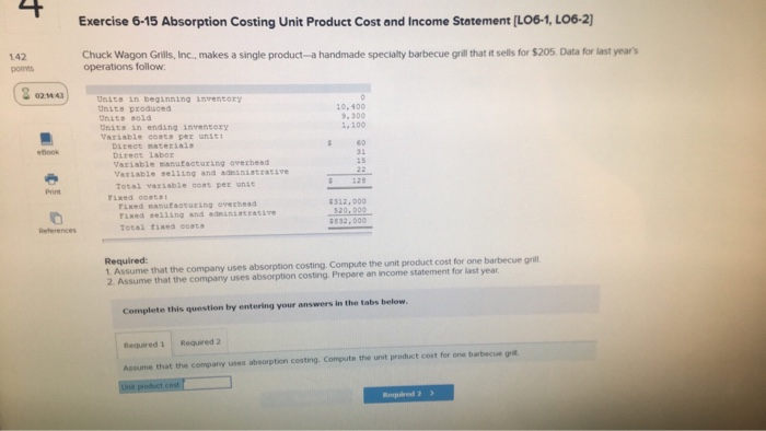  Exercise 6-15 Absorption Costing Unit Product Cost and Income Statement [LO6-1,