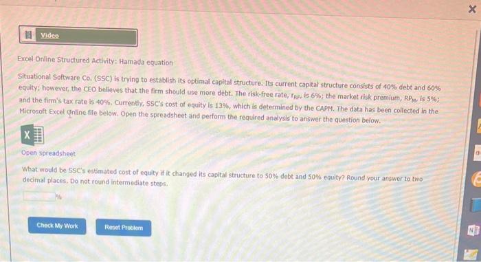  Excel Online Structured Activity: Hamada equation Situational Software Co. (SSC) is