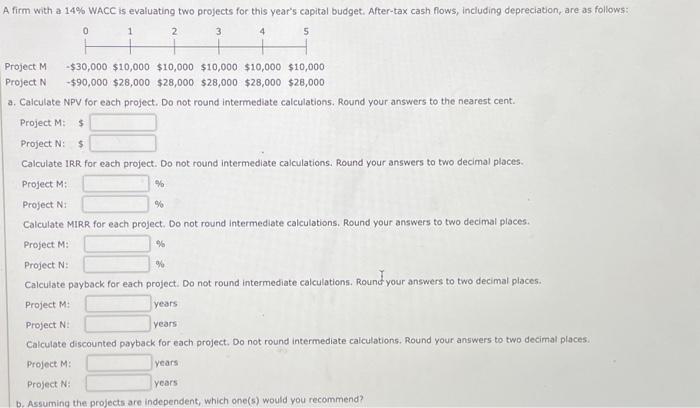  A firm with a 14% WACC is evaluating two projects for
