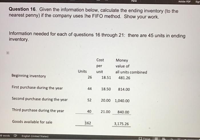  Pane Adobe PDF Sigr Question 16. Given the information below, calculate