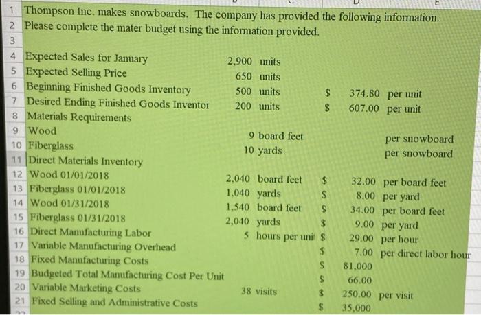 in (units). 10 11 Thompson Inc. 12 Production Budget (units) 13 For