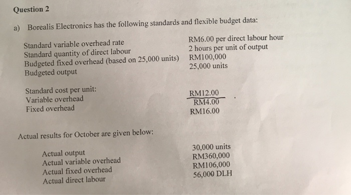  Question2 a) Borealis Electronics has the following standards and flexible budget