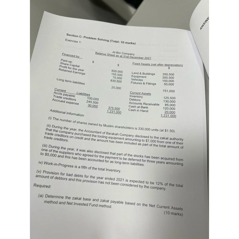  Section c: Problem Solving (Total: 10 marks) Exercise 1: Balance Sheet