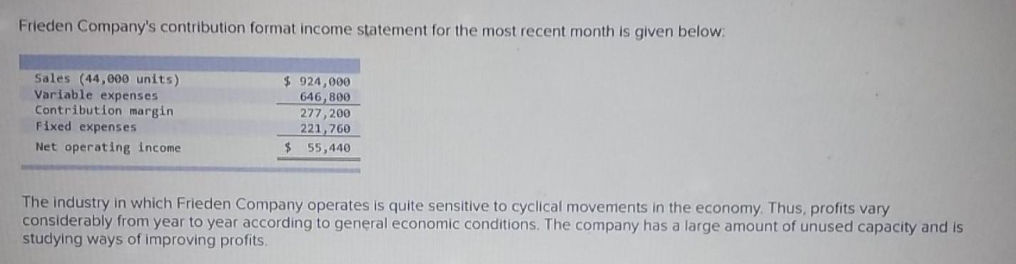 Frieden Company's contribution format income statement for the most recent month