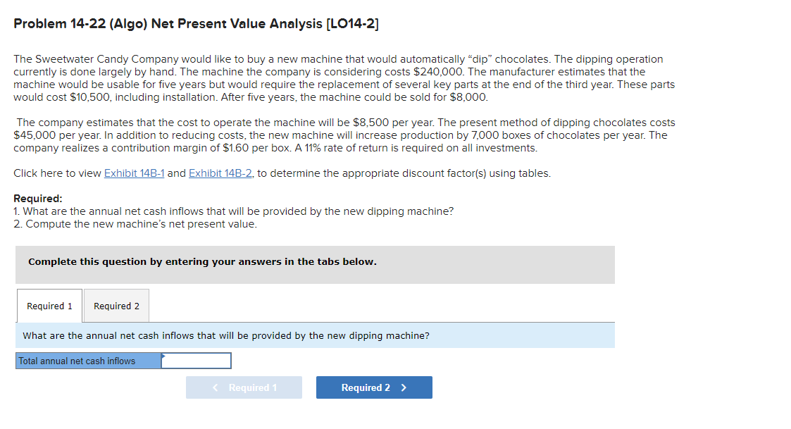  Problem 14-22 (Algo) Net Present Value Analysis [LO14-2] The Sweetwater Candy