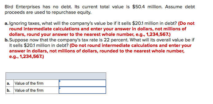  Bird Enterprises has no debt. Its current total value is $50.4