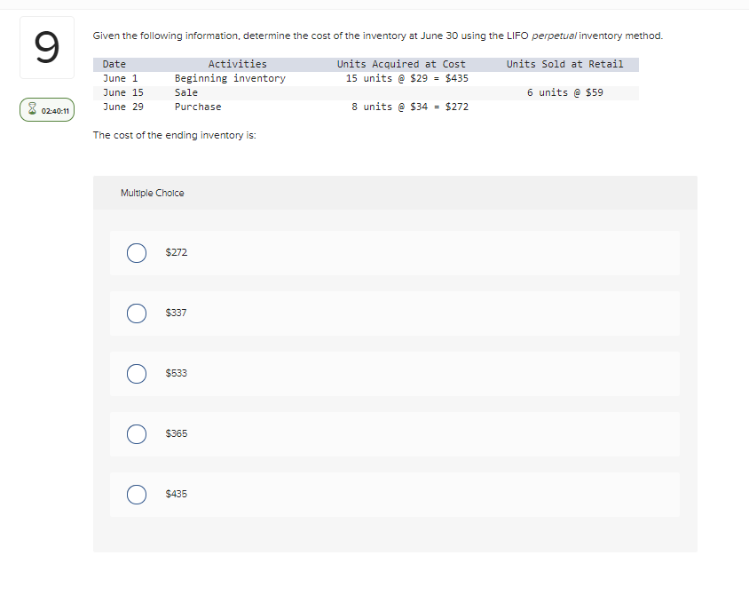 PLEASE ANSWER CLEARLY THANKS :)9 Given the following information, determine the cost