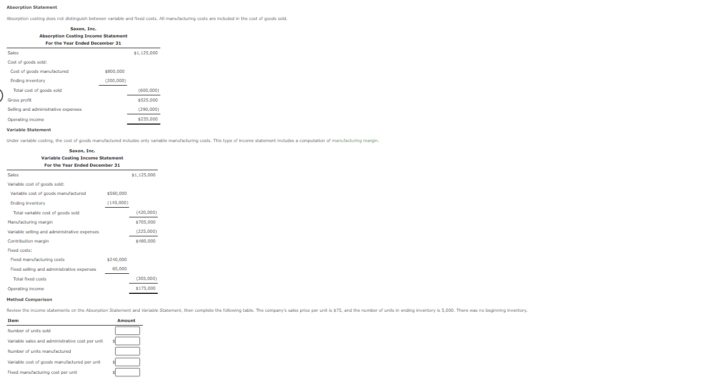 Absorption vs. Variable Select whether the following characteristics are most often associated