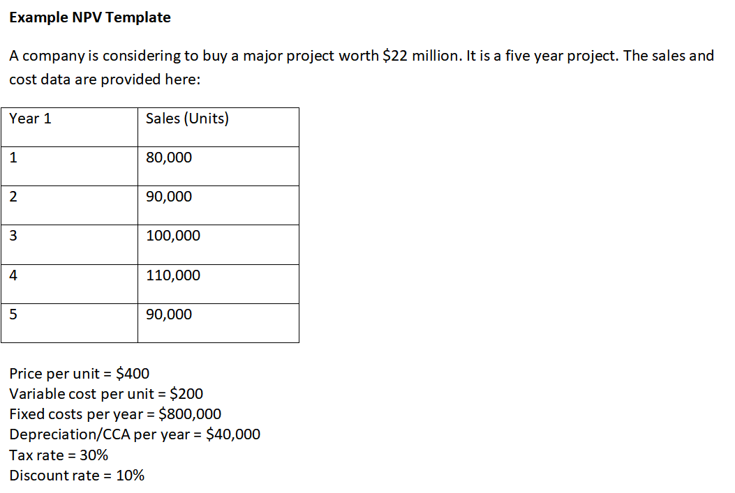 Example NPV Template A company is considering to buy a major