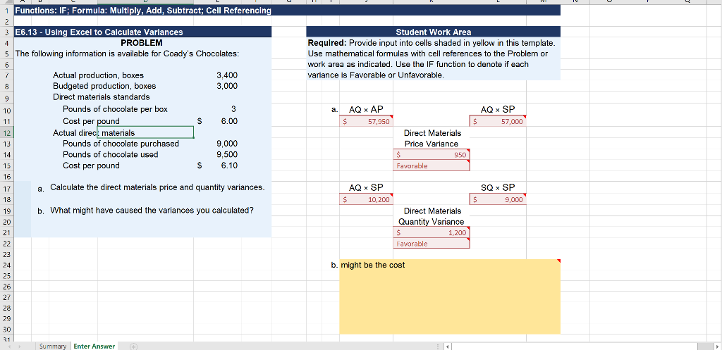 1 Functions: IF; Formula: Multiply, Add, Subtract; Cell Referencing 2 E6.13