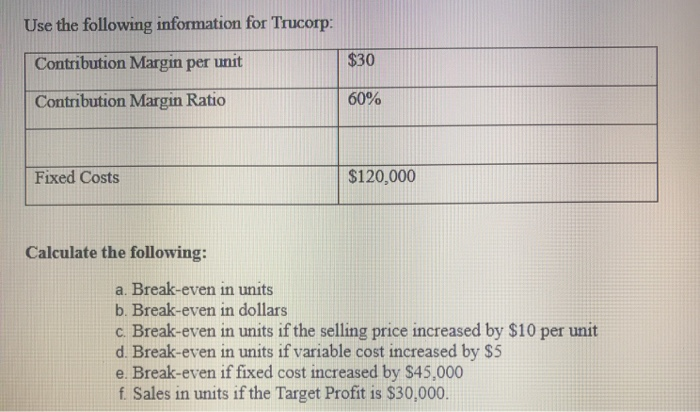  Use the following information for Trucorp: Contribution Margin per unit $30
