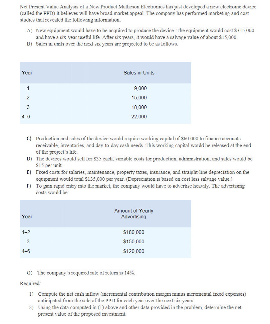 Please help with requirement 2). Data computed in (1): Net Present Value