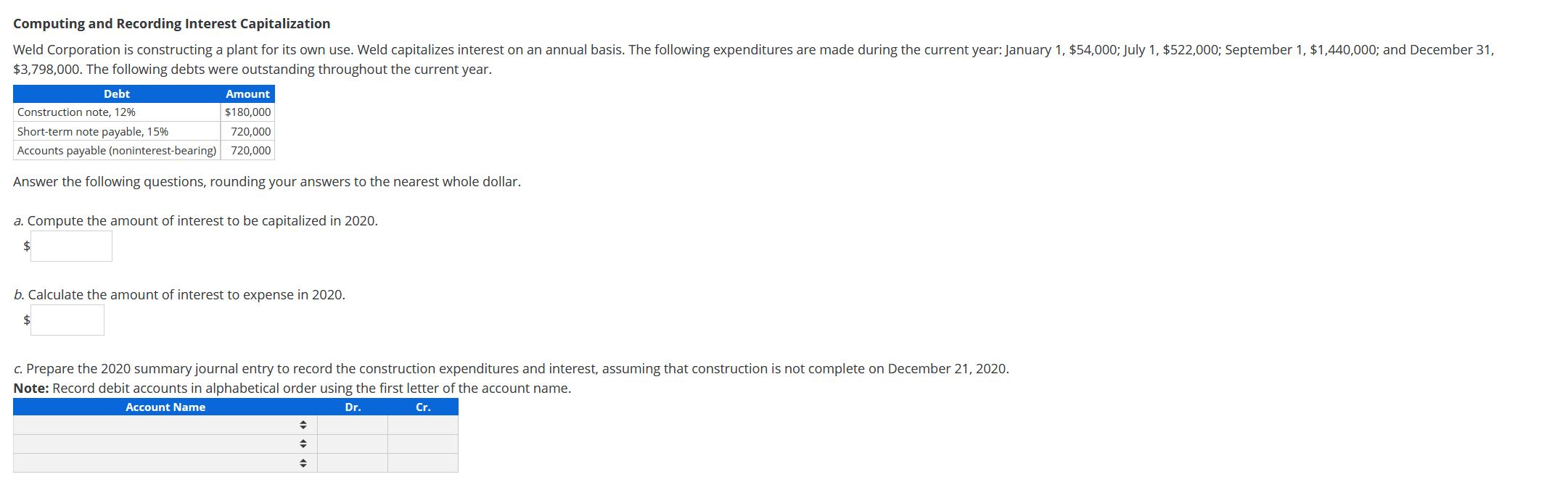 Computing and Recording Interest Capitalization Weld Corporation is constructing a plant