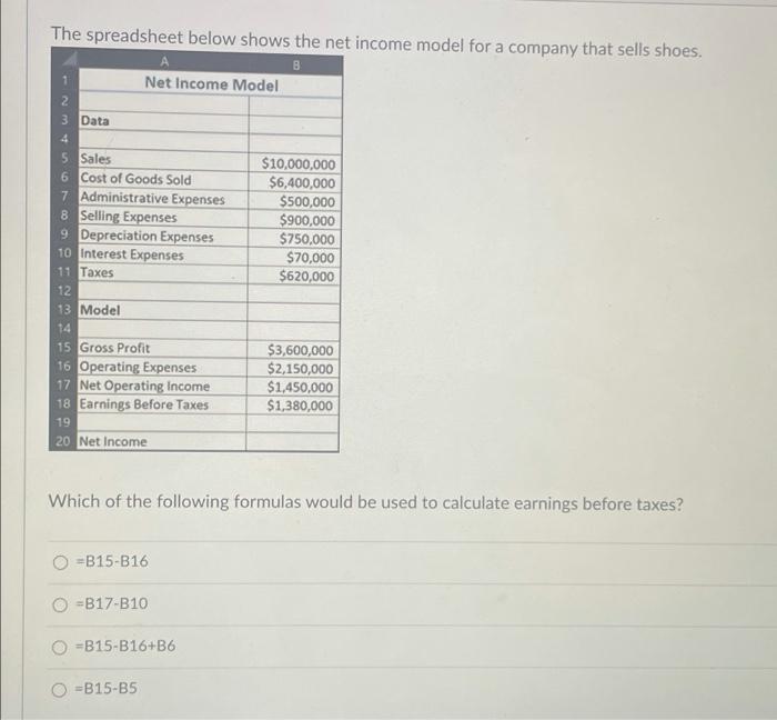  The spreadsheet below shows the net income model for a company
