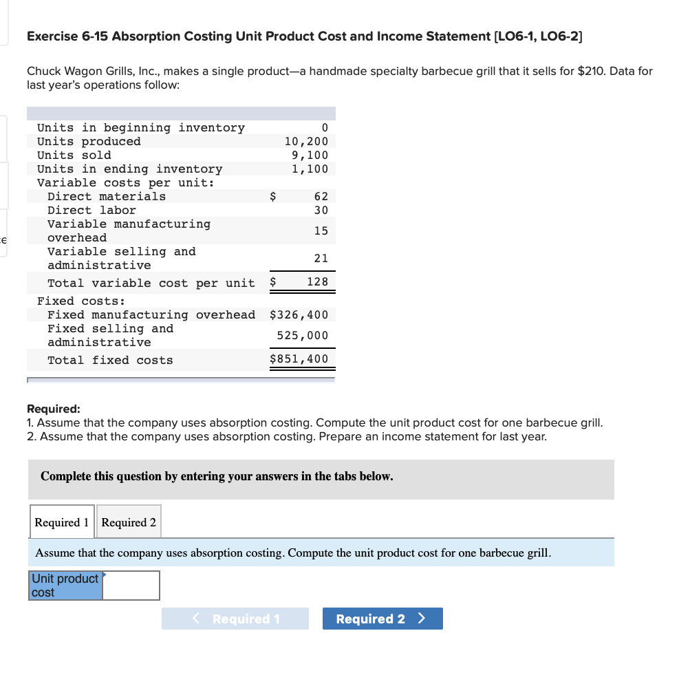 Exercise 6-15 Absorption Costing Unit Product Cost and Income Statement (LO6-1,