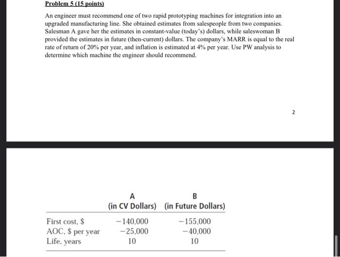  Problem 5 ( 15 points) An engineer must recommend one of