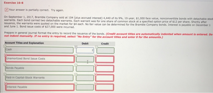  Exercise 16-8 Your answer is partially correct. Try again On September