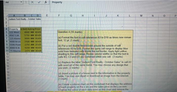  Question 4 (10 marks) (a) Format the font in cell references