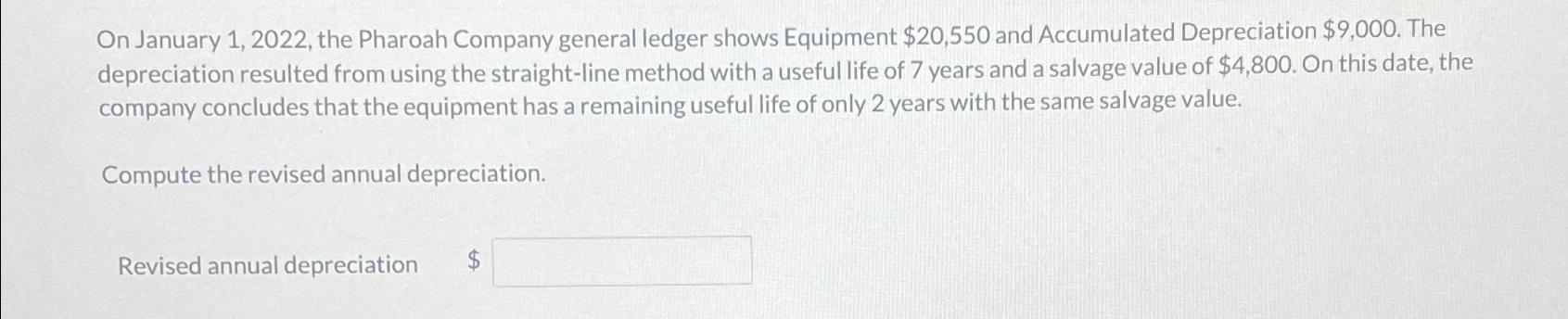  On January 1,2022, the Pharoah Company general ledger shows Equipment $20,550