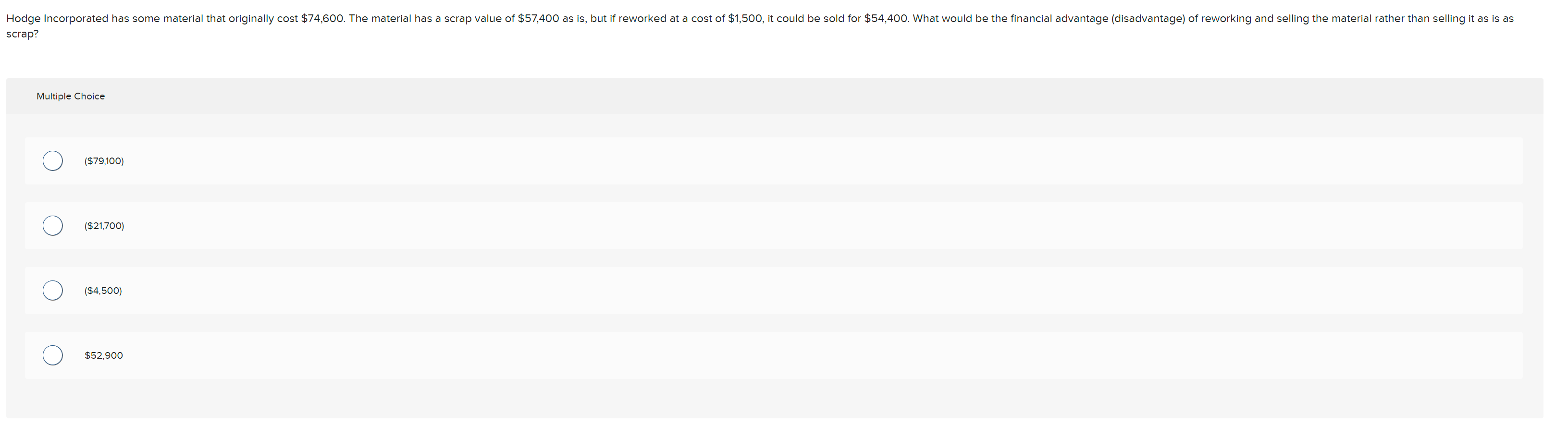 Hodge Incorporated has some material that originally cost $74,600. The material has