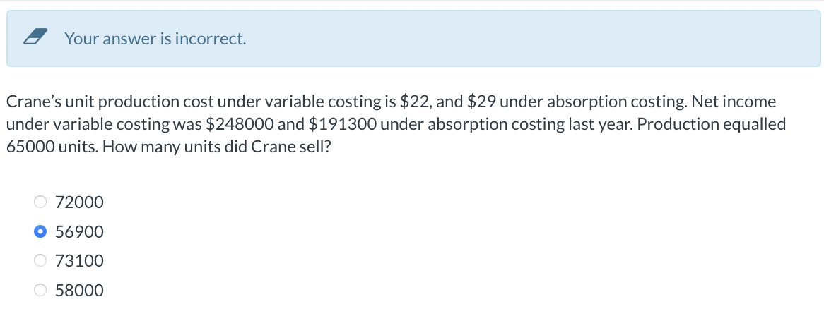 56900 was incorrect Your answer is incorrect. Crane's unit production cost under