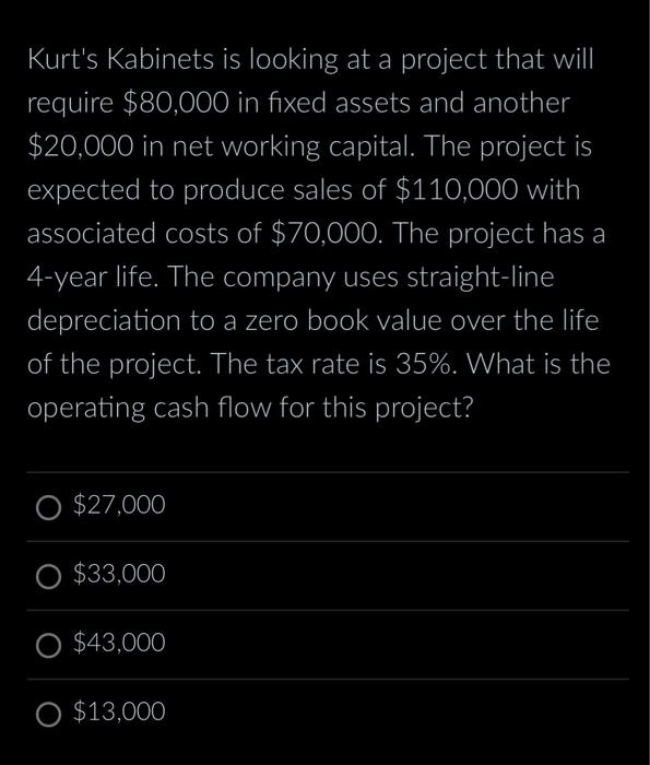  Kurt's Kabinets is looking at a project that will require $80,000