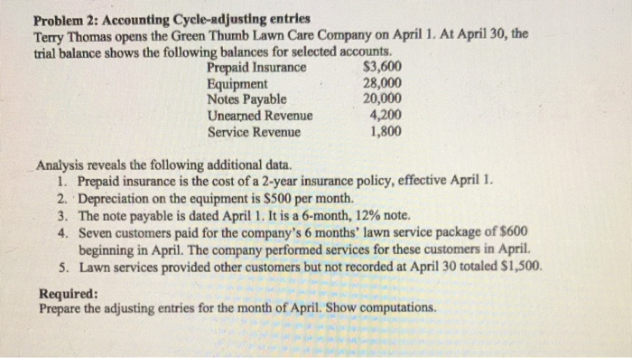  Problem 2: Accounting Cycle-adjusting entries Terry Thomas opens the Green Thumb