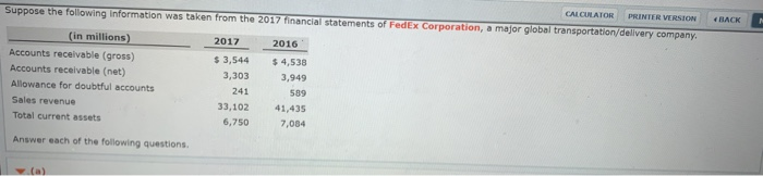  BACK CALCULATOR PRINTER VERSION Suppose the following information was taken from