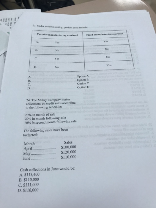  23. Under variable costing product costs include Fixed manufacturing overhead Yes