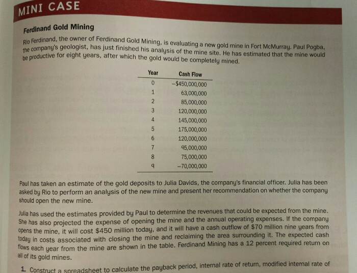  1. Construct a spreadsheet to calculate the payback period, internal rate