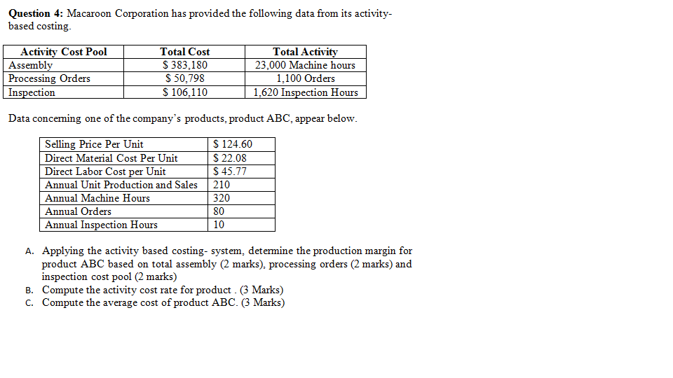 Question 4: Macaroon Corporation has provided the following data from its