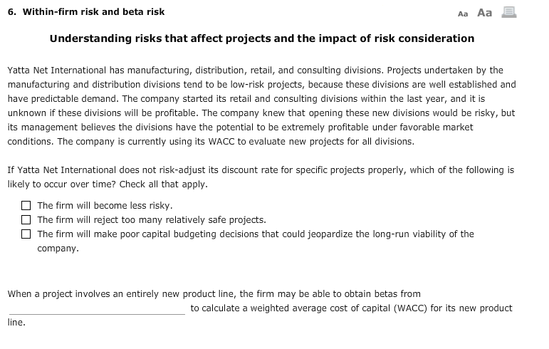 6. Within-firm risk and beta risk Aa Aa Understanding risks that