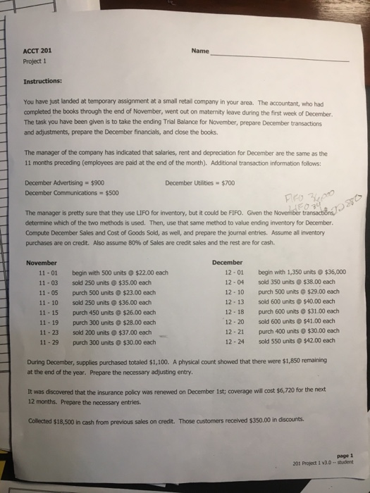  Where did I go wrong? ACCT 201 Name Project 1 Instructions: