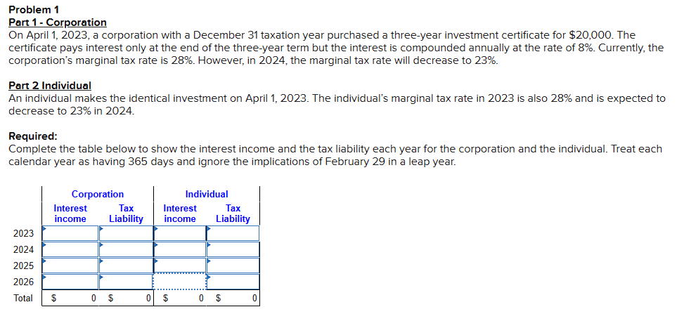  Problem 1 Part 1- Corporation On April 1,2023, a corporation with