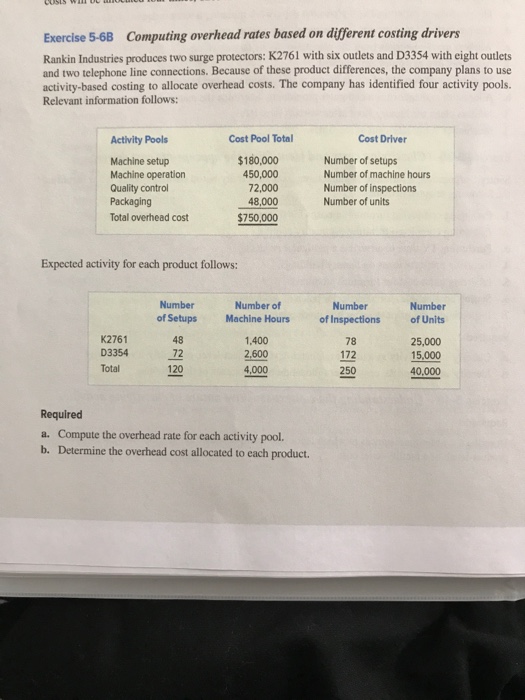  Exercise 5-6B Computing overhead rates based on different costing drivers Rankin