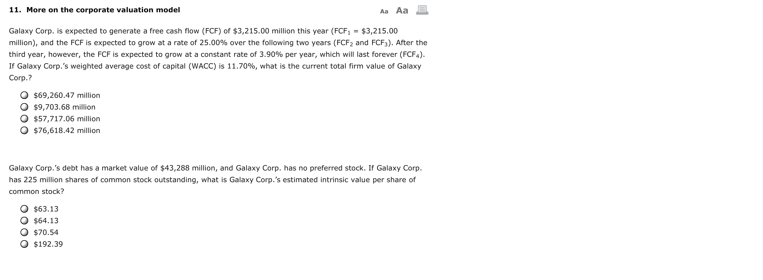 11. More on the corporate valuation model Aa Aa E Galaxy