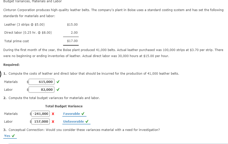 Please answer question 2. Budget Variances, Materials and Labor Cinturon Corporation