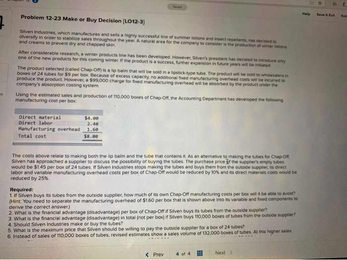  Help Save & Exit Problem 12-23 Make or Buy Decision (LO12-3)
