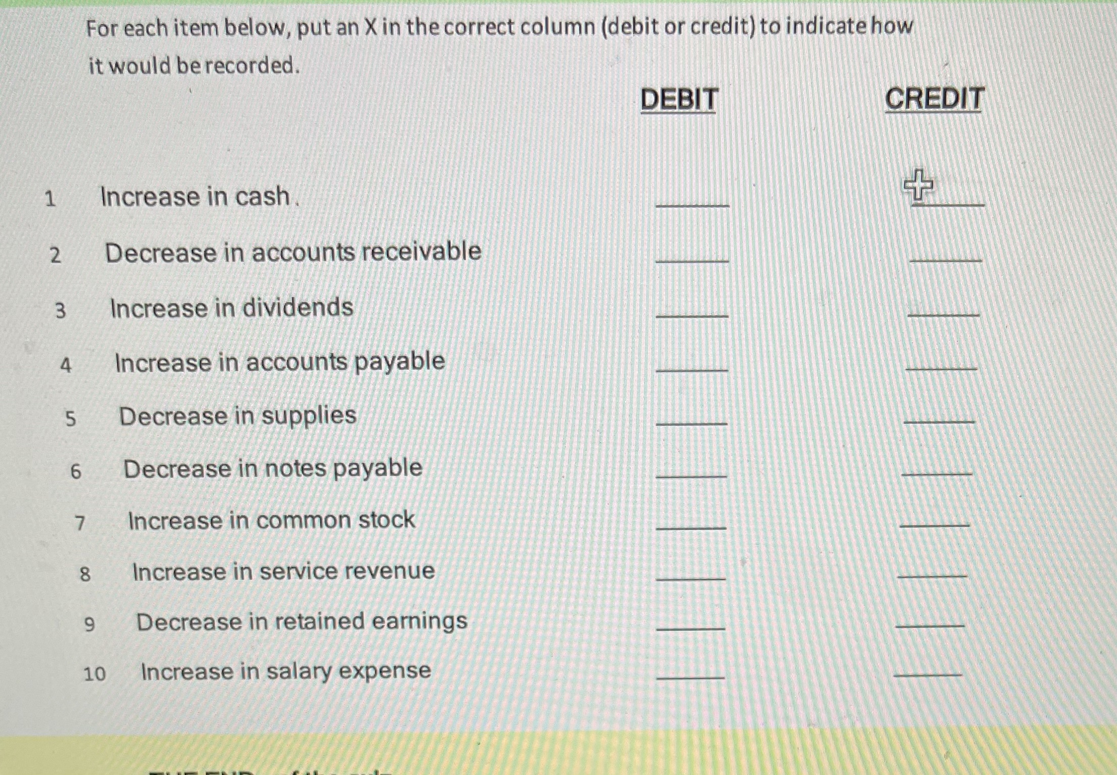 For Each item Below I must sort the following into credit or