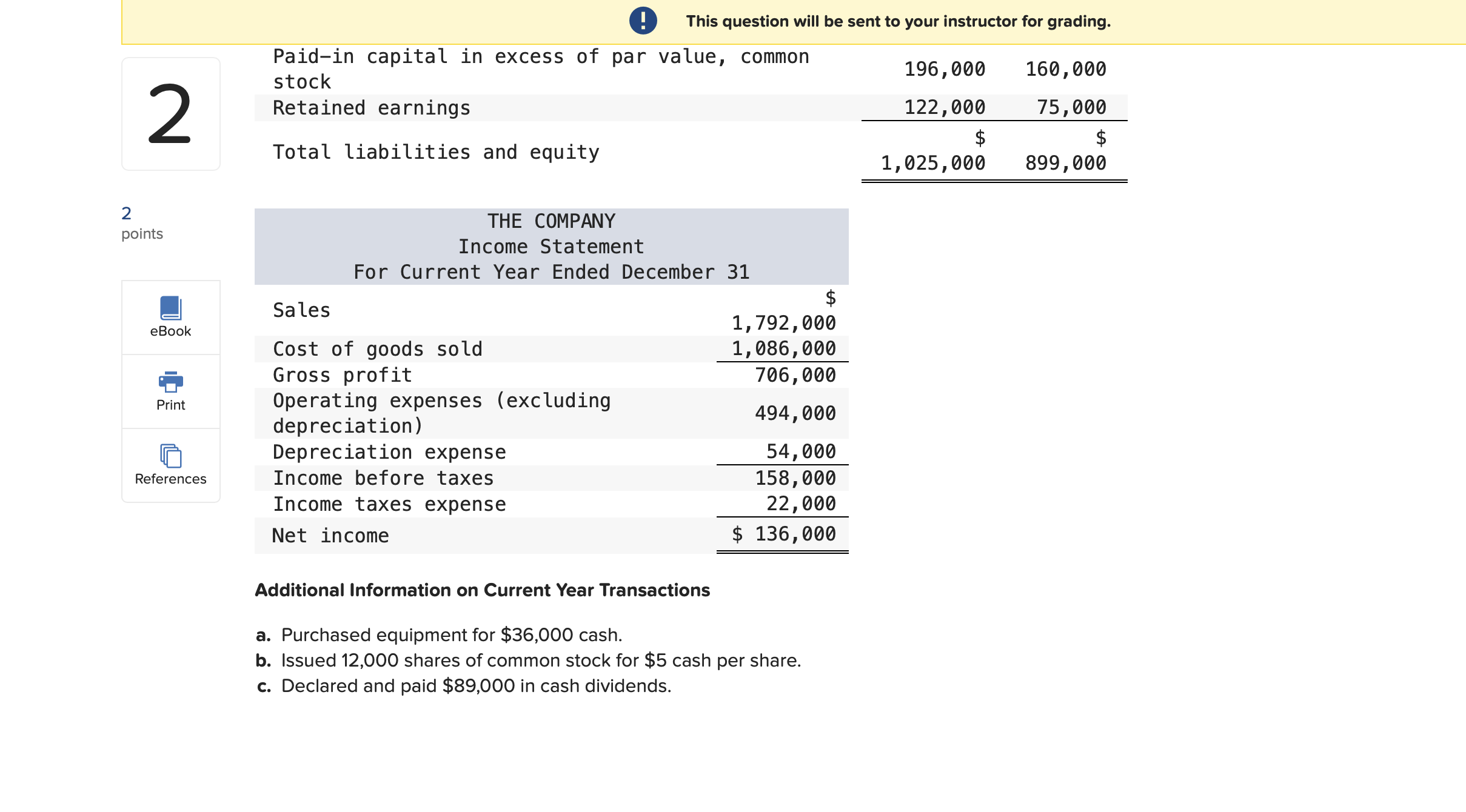 instructor for grading. THE COMPANY's current year income statement, comparative balance sheets,