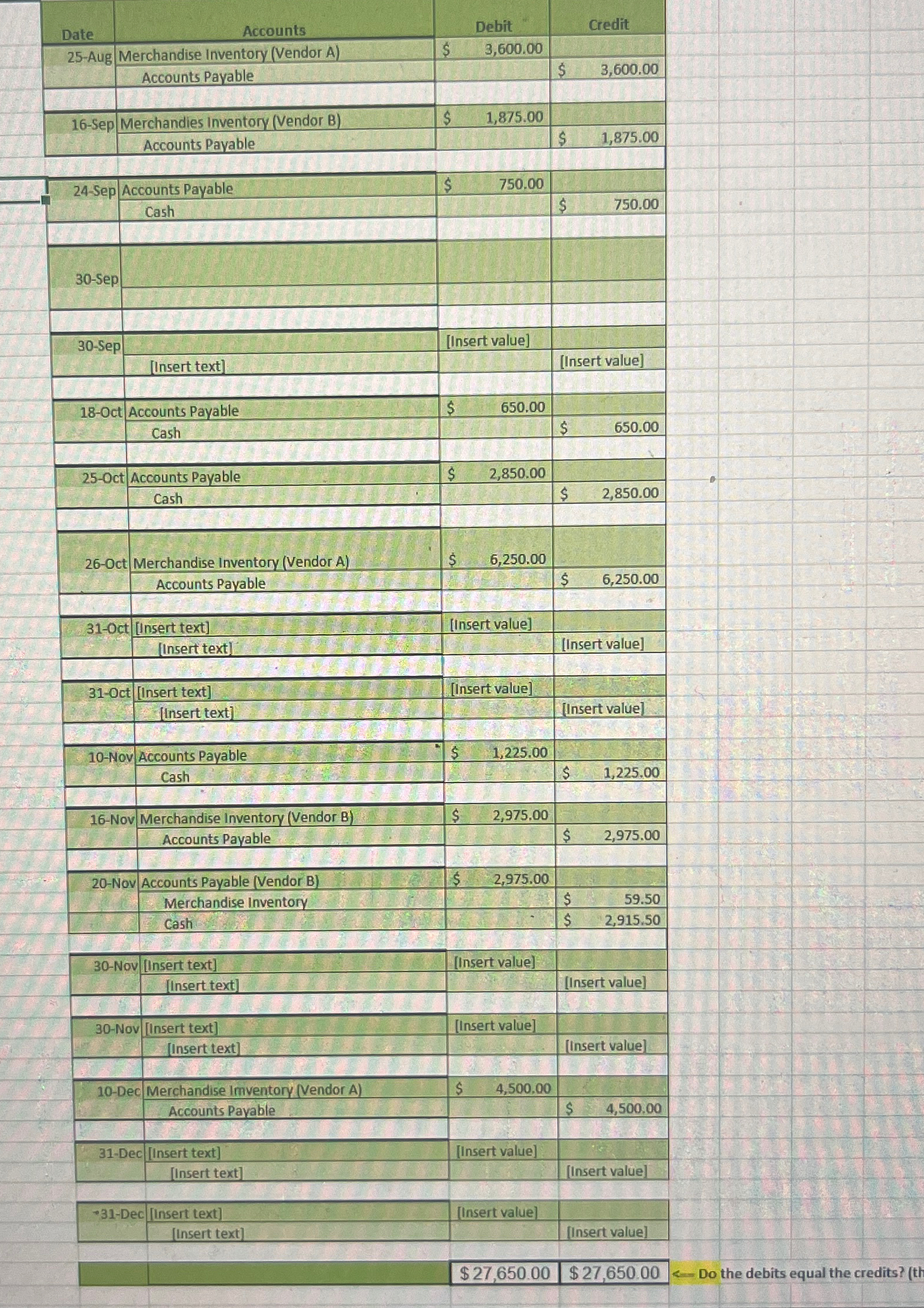 Date Accounts 25-Aug Merchandise Invento Accounts Pa able 16-Sep Merchandies Invento Accounts